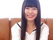 Hot Asian teen, Tsubomi, in stockings masturbates on a couch