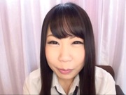 Shameless Japanese school girl playing with her huge dildo