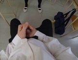Young schoolgirl gives hand and blowjob in POV
