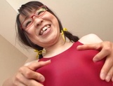 Cute Japanese teen Yui Satonaka in swimsuit got cum on her glasses picture 21