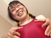 Cute Japanese teen Yui Satonaka in swimsuit got cum on her glasses
