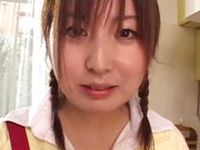 Enticing and horny Asian teen, Chisato Hirai gives secret blowjob