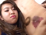 Hot Asian babe Yurika Hashimoto in red panties jerks off a big dick picture 14