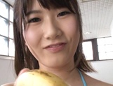 Stunning teen Rara Unno sucks a banana and a dong at a casting