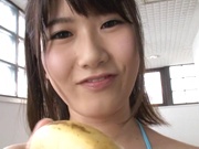 Stunning teen Rara Unno sucks a banana and a dong at a casting