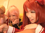 Japanese cosplay in POV with three naughty babes