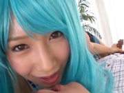 Stunning blue haired Minami Kojima enjoys a hardcore cosplay session