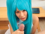 Stunning blue haired Minami Kojima enjoys a hardcore cosplay session