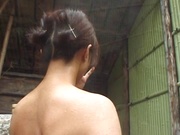 Mature Asian model, Kayoko Uesugi sucks cock in outdoor bath