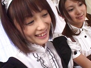 Four Japanese maids go wild in a foursome lesbian scene