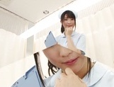 Crazy Japanese nurse in white stockings sits on a face gives a blow