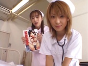 Women in nurse uniforms sharing dick in POV 