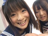 Mischievous Japanese schoolgirls arrange a hot sex action in 3some