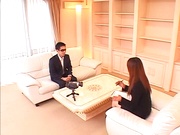 Sexy Asian interviewer, Ai Sayama jerks off her guest