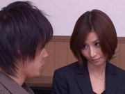 Asian milf in an office suit, Akari Asahina strokes horny guy's cock
