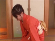 Japanese milf in sexy red kimono gets hardcore banging