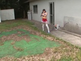 Japanese cheerleader Airi Satou gets hardcore facial at outdoor