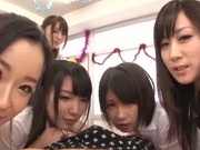 Crazy Japanese teen gals involve a sexy massive guy into a wild gang