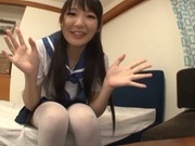 Lustful Asian schoolgirl Kui Tanigawa spreads legs for toy insertion