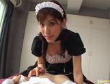 Kinky maid Riko Tachibana makes a hot blowjob and gets cum in mouth.