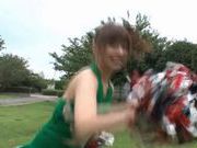 Sexy Japanese teen age cheer leader girl is having fun with sex toys