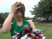 Sexy Japanese teen age cheer leader girl is having fun with sex toys