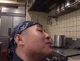 Tempting tavern clerk Rina Araki sucks cock and fondles it with tits picture 24