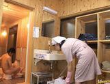 Japanese hottie fucks the bath cleaning dude! picture 30