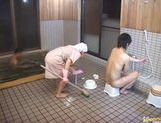 Japanese hottie fucks the bath cleaning dude! picture 33