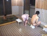 Japanese hottie fucks the bath cleaning dude! picture 34