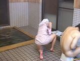 Japanese hottie fucks the bath cleaning dude! picture 37
