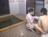 Japanese hottie fucks the bath cleaning dude! picture 48