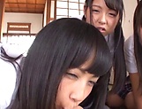 Three pretty Tokyo schoolgirls share a dick and enjoy titfuck