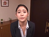 Elegant office chick Meguri strips to suck a cock and to enjoy titfuck picture 13