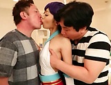 Sweet Japanese teen with tiny tits shows off sex s to two guys