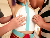 Sweet Japanese teen with tiny tits shows off sex s to two guys