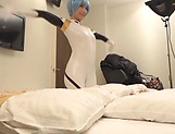 Cosplay sex lover Kurata Mao fucks with two dudes in a POV vid picture 19