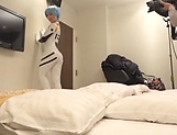 Cosplay sex lover Kurata Mao fucks with two dudes in a POV vid picture 25