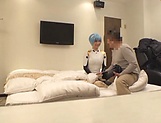 Cosplay sex lover Kurata Mao fucks with two dudes in a POV vid picture 31