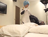Cosplay sex lover Kurata Mao fucks with two dudes in a POV vid picture 36
