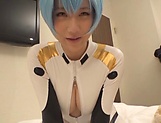 Cosplay sex lover Kurata Mao fucks with two dudes in a POV vid picture 70