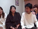 Three Japanese mature chicks favor a young guy with mfff sex