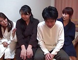Three Japanese mature chicks favor a young guy with mfff sex