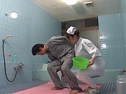 Sweet Japanese nurse takes a bath with her patient and fucks hard