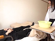 Japanese female doctor in black stockings rides a cock like a pro