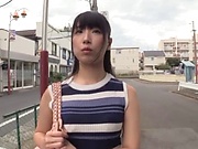 Japanese av model shows her shaved pussy during POV sex