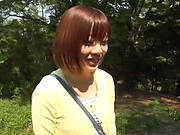 Kinky Asian AV girl Moriho Sana fucked by two guys outdoors