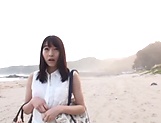 Young Japanese girl Suzukawa Ayane swallows cum on the beach
