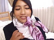 Cute Japanese office lady Saionji Reo strips to enjoy a cock ride
