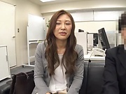 Gorgeous Japanese milf fucks with a younger dude in the office